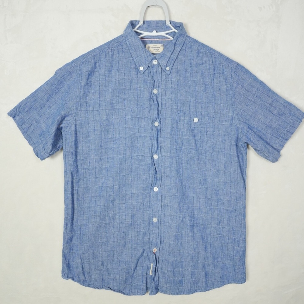 Weatherproof Vintage Mens Large Blue Linen Short Sleeve Button Down Shirt